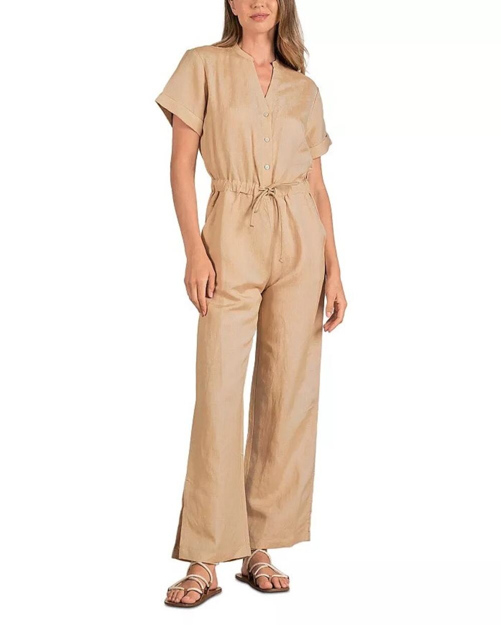 Elan Women Taupe Woven Linen/Viscose Drawstring Waist Casual Jumpsuit Size XS